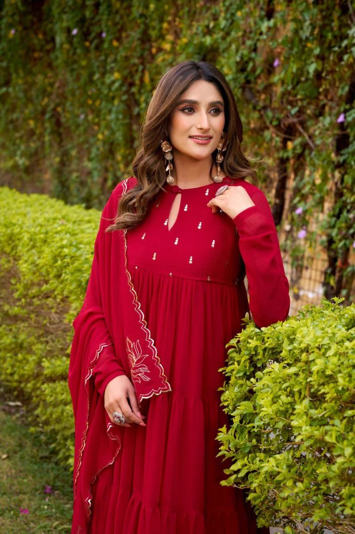 Red Hand Embroidery Anarkali Suit Set with Dupatta