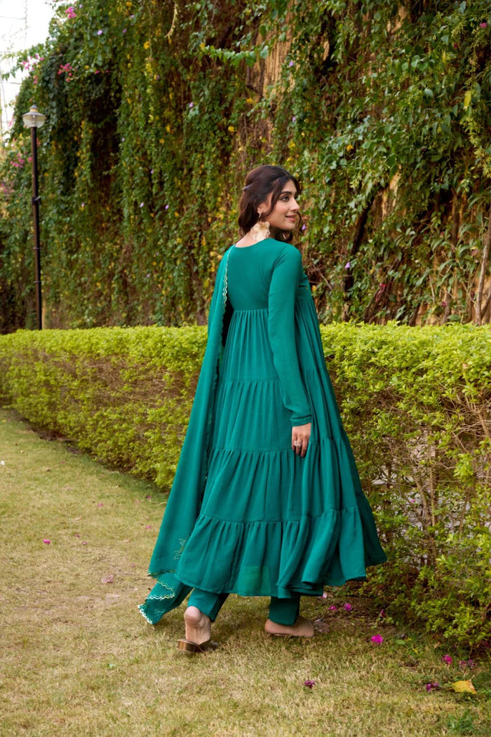Green Hand Embroidery Anarkali Suit Set with Dupatta