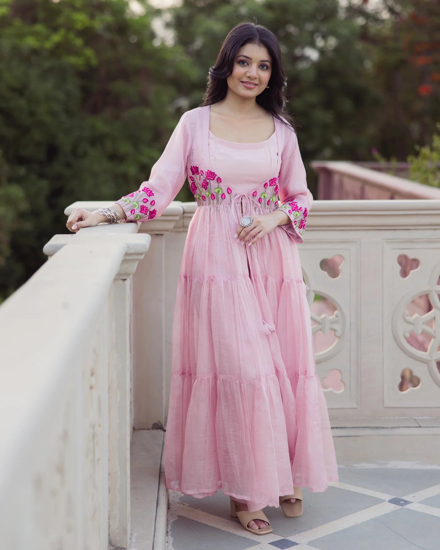 Flowy Pink Embroidered Doria Anarkali Set