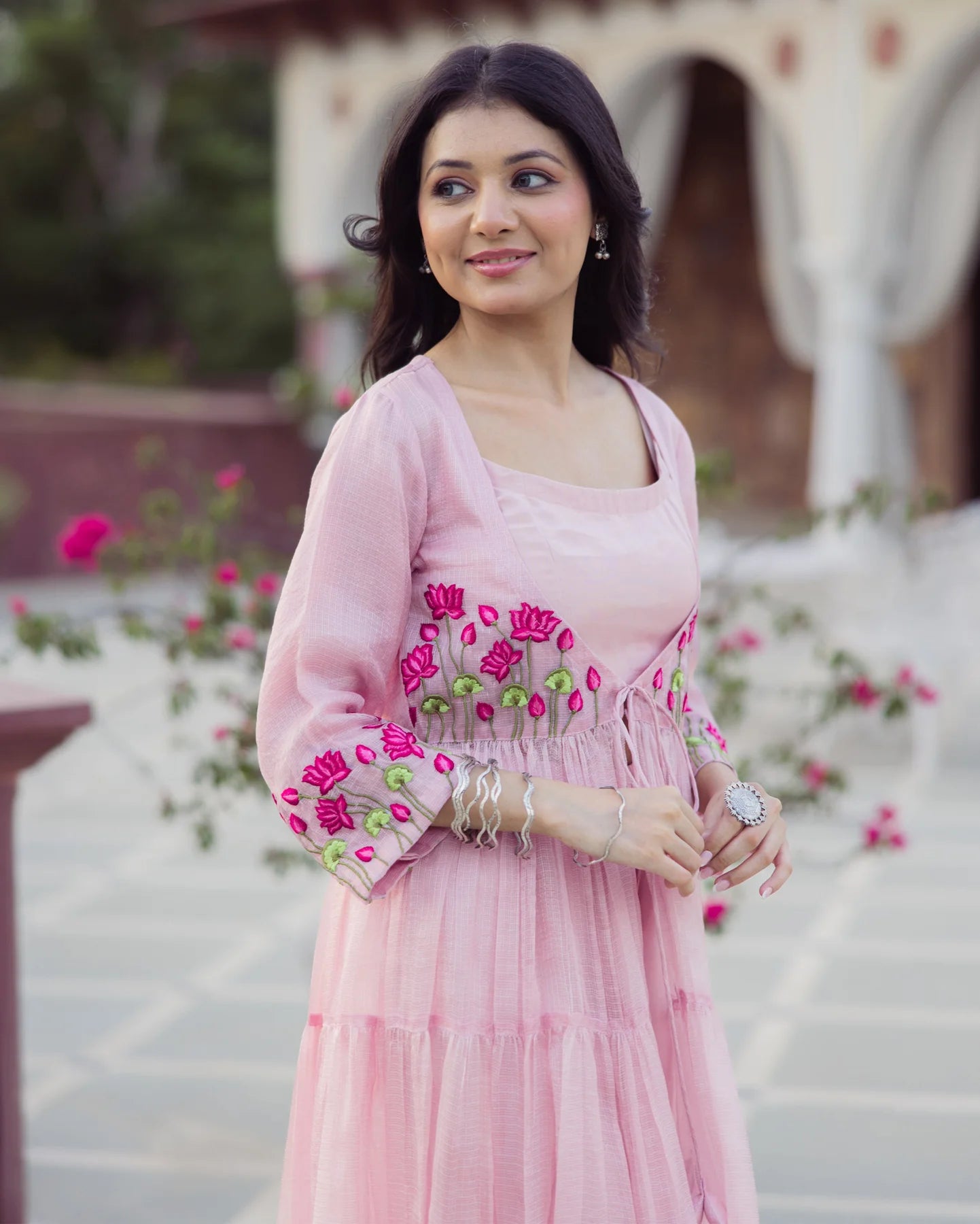 Flowy Pink Embroidered Doria Anarkali Set