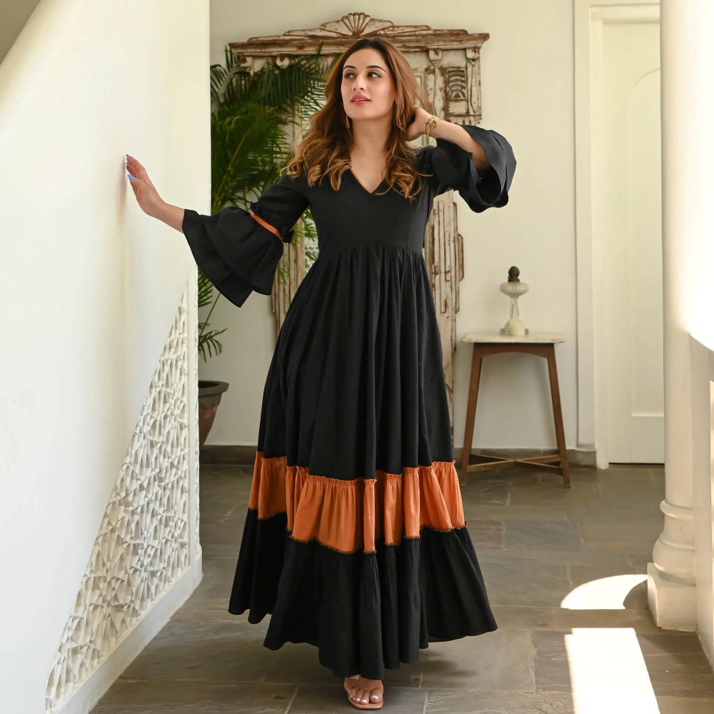 Boshon Black Rust Tier Cotton Dress