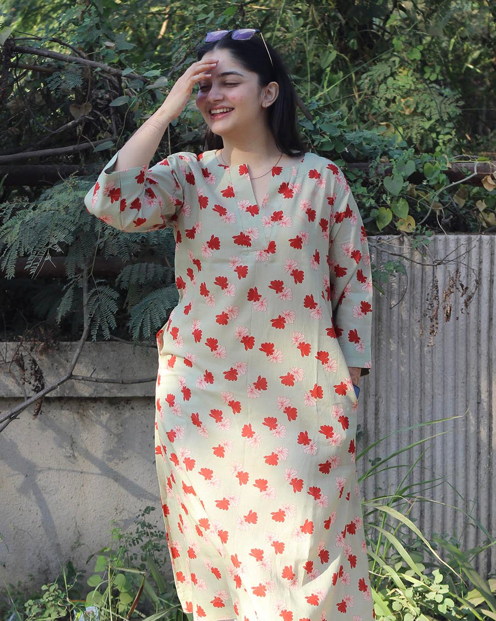 Light Pista Printed Long Kurta – Cotton