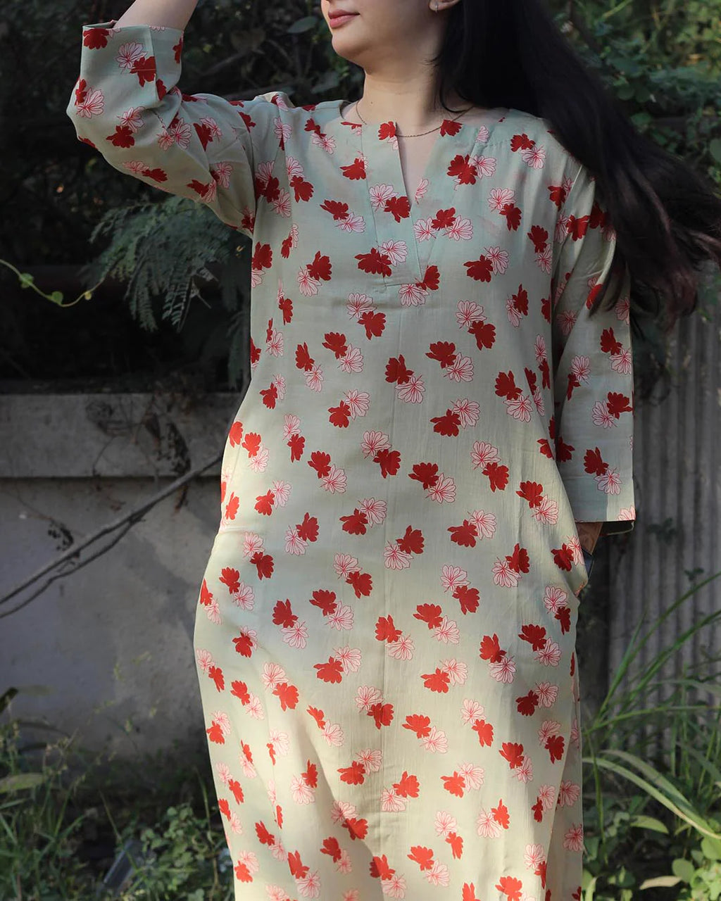 Light Pista Printed Long Kurta – Cotton