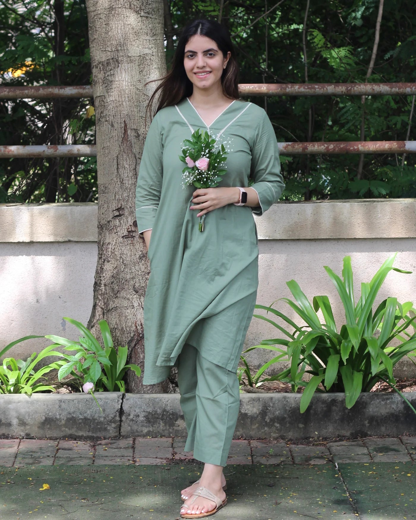 Premium Cotton Sage Green Long Kurta Set