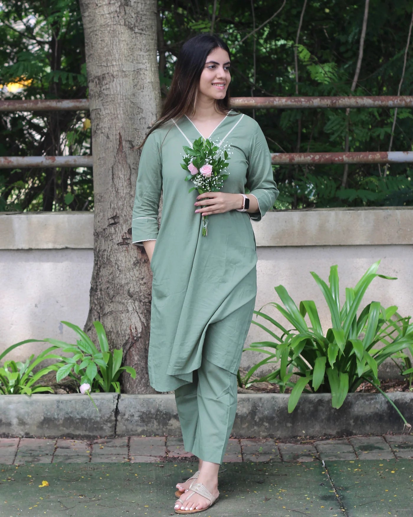 Premium Cotton Sage Green Long Kurta Set