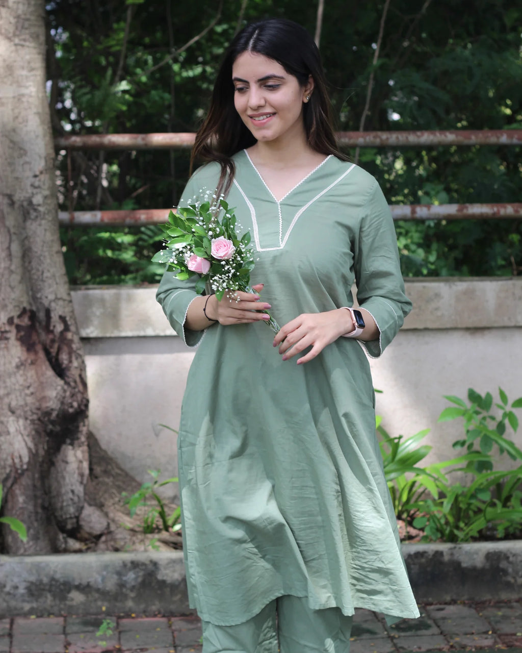 Premium Cotton Sage Green Long Kurta Set