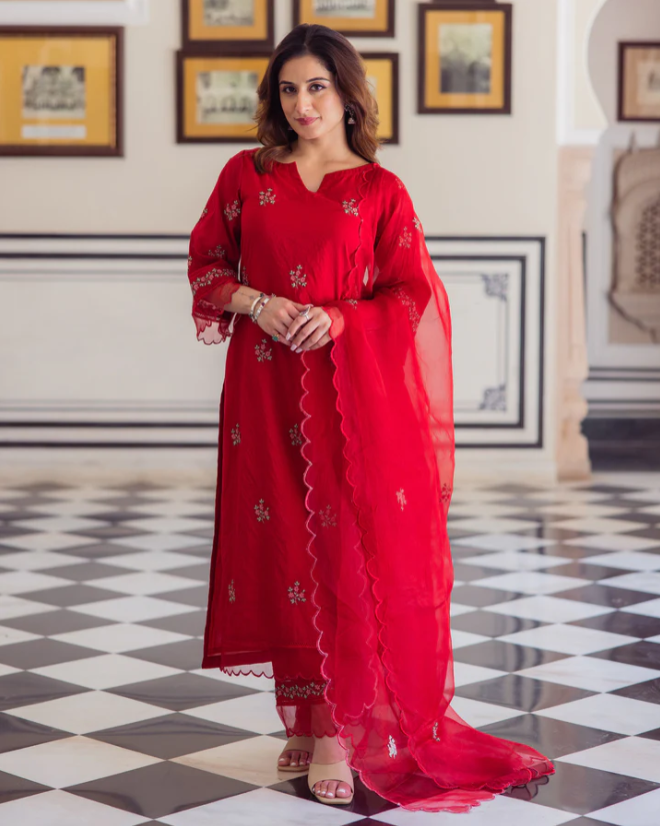 Boshon Radhika Red Embroidered Chanderi Suit Set