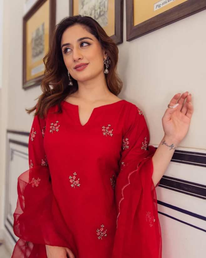 Boshon Radhika Red Embroidered Chanderi Suit Set