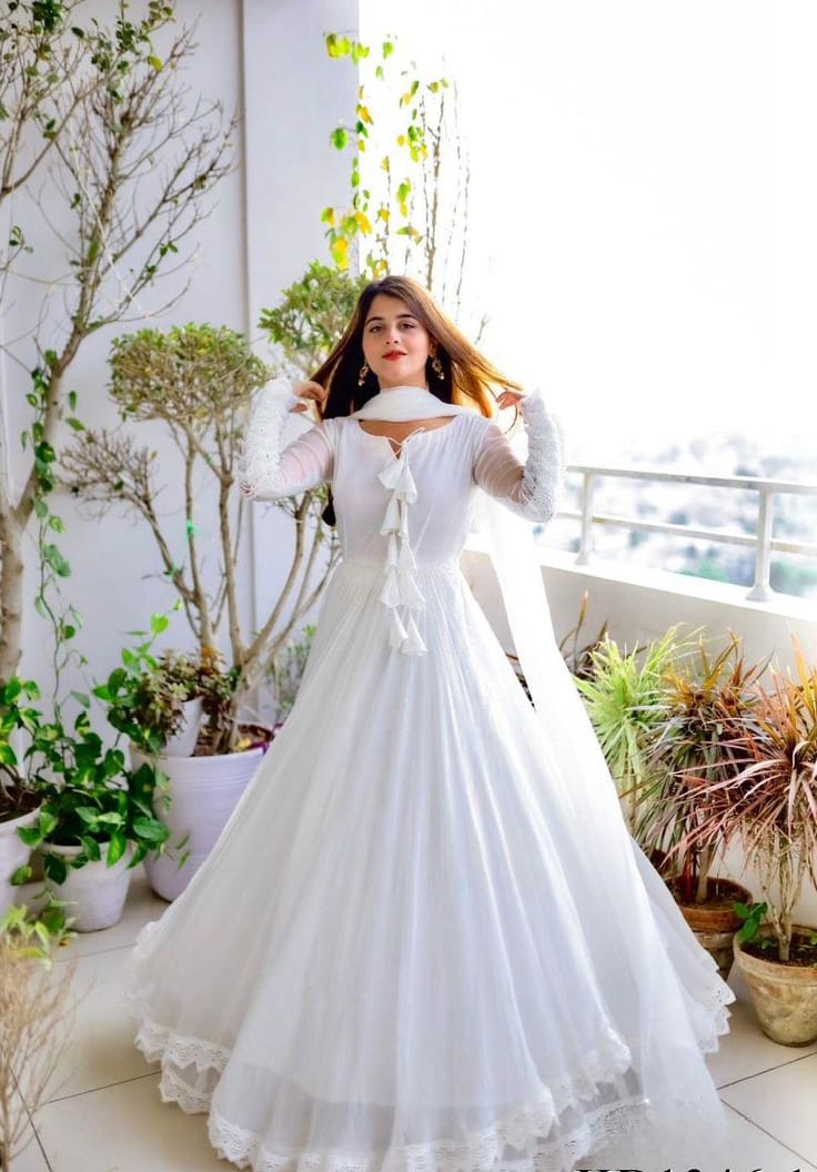 Boshon White Georgette With Inner Designer Gown Dress