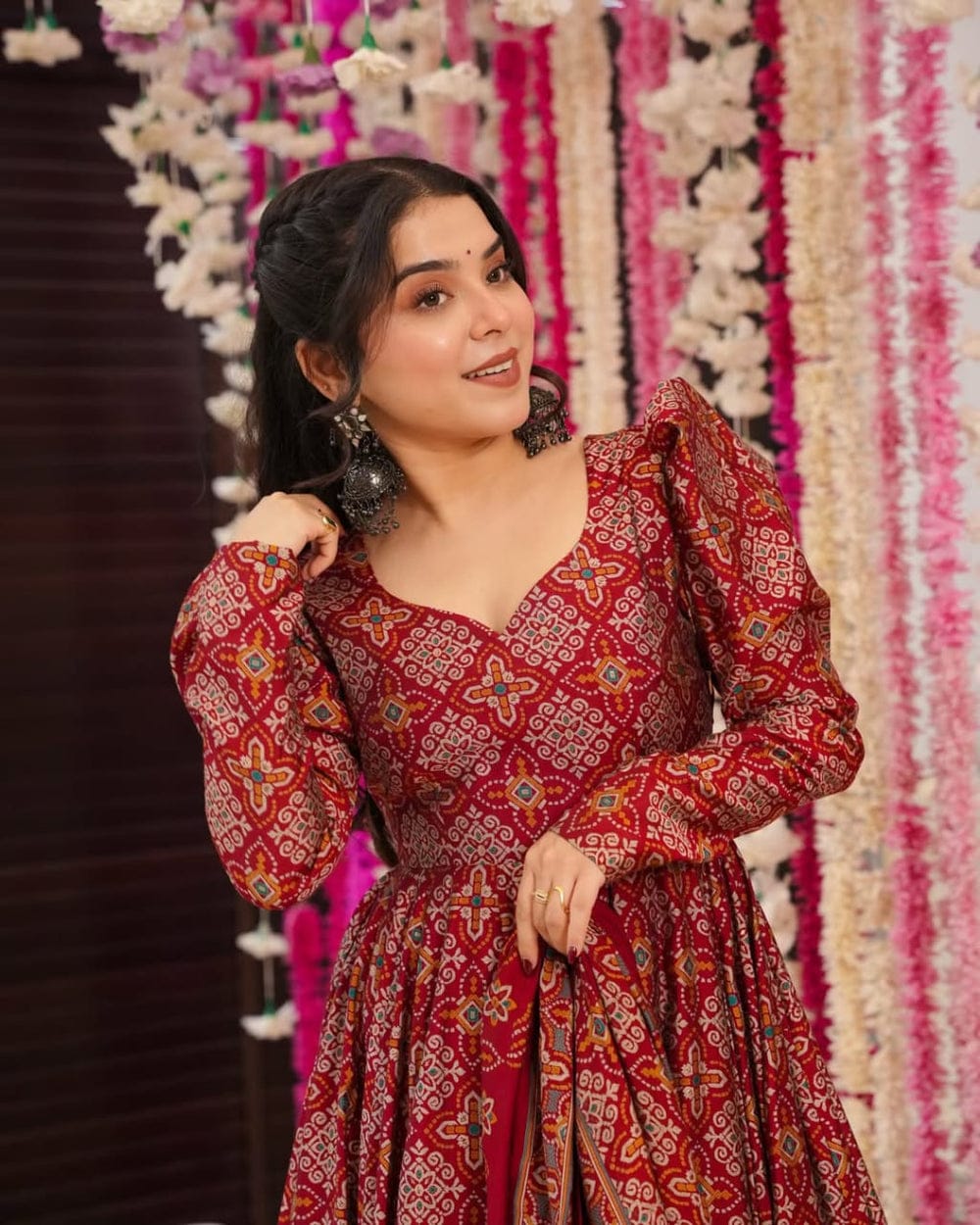 Blue & Red Cotton Printed Anarkali Suit Set