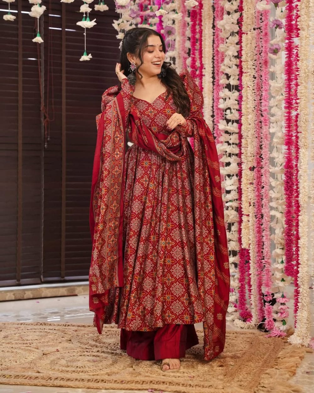Blue & Red Cotton Printed Anarkali Suit Set