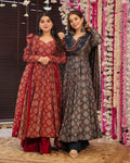 Blue & Red Cotton Printed Anarkali Suit Set