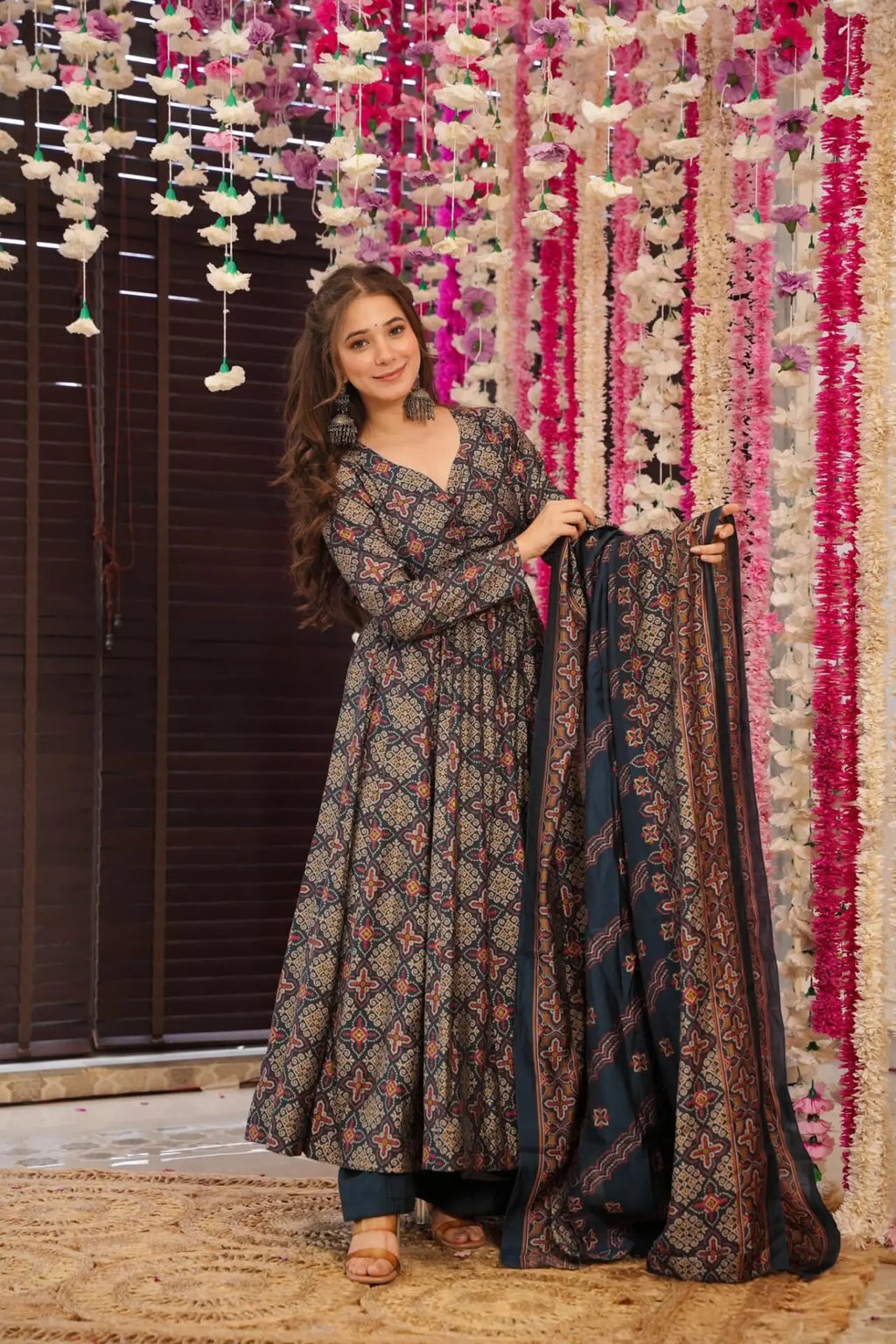 Blue & Red Cotton Printed Anarkali Suit Set