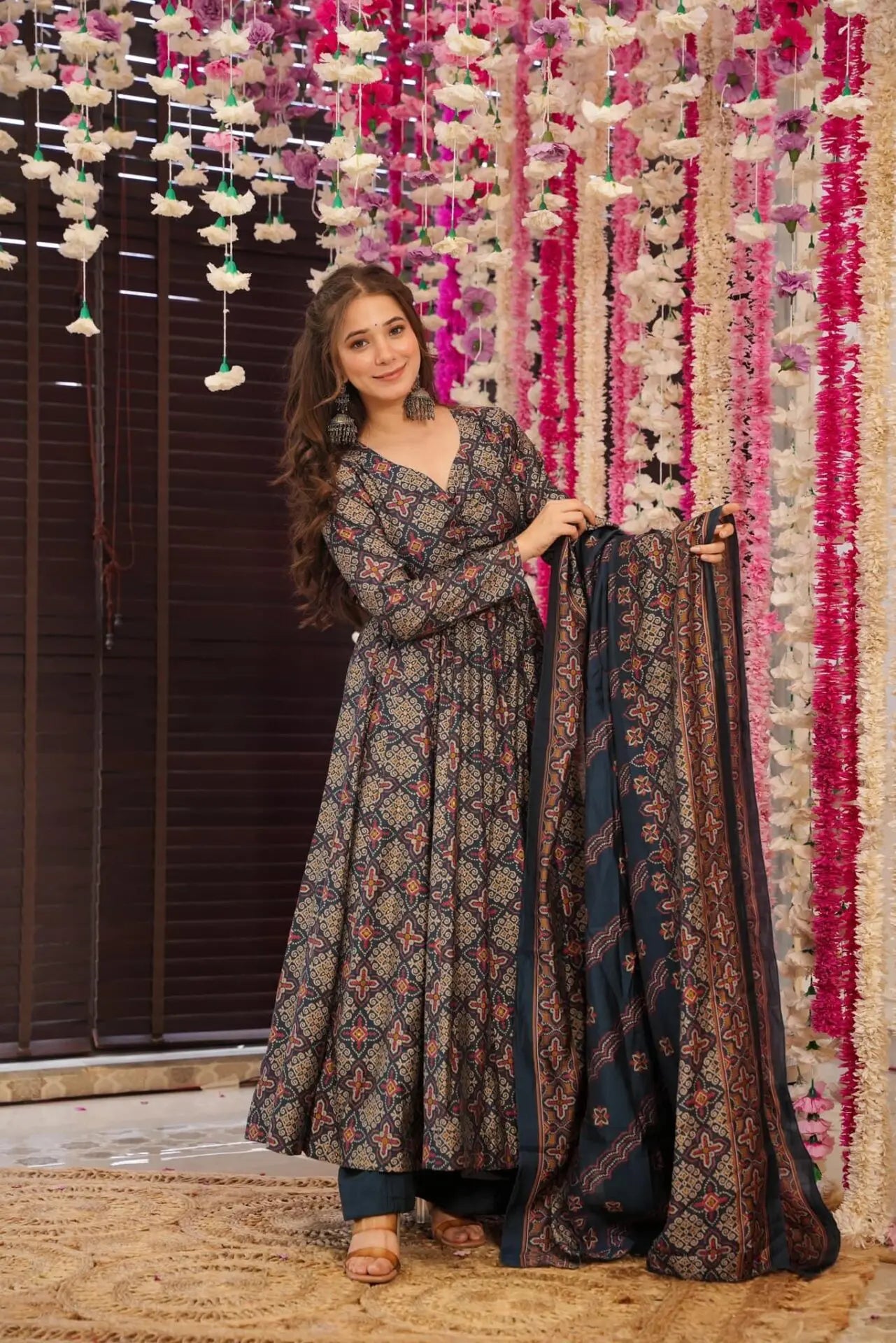 Blue & Red Cotton Printed Anarkali Suit Set