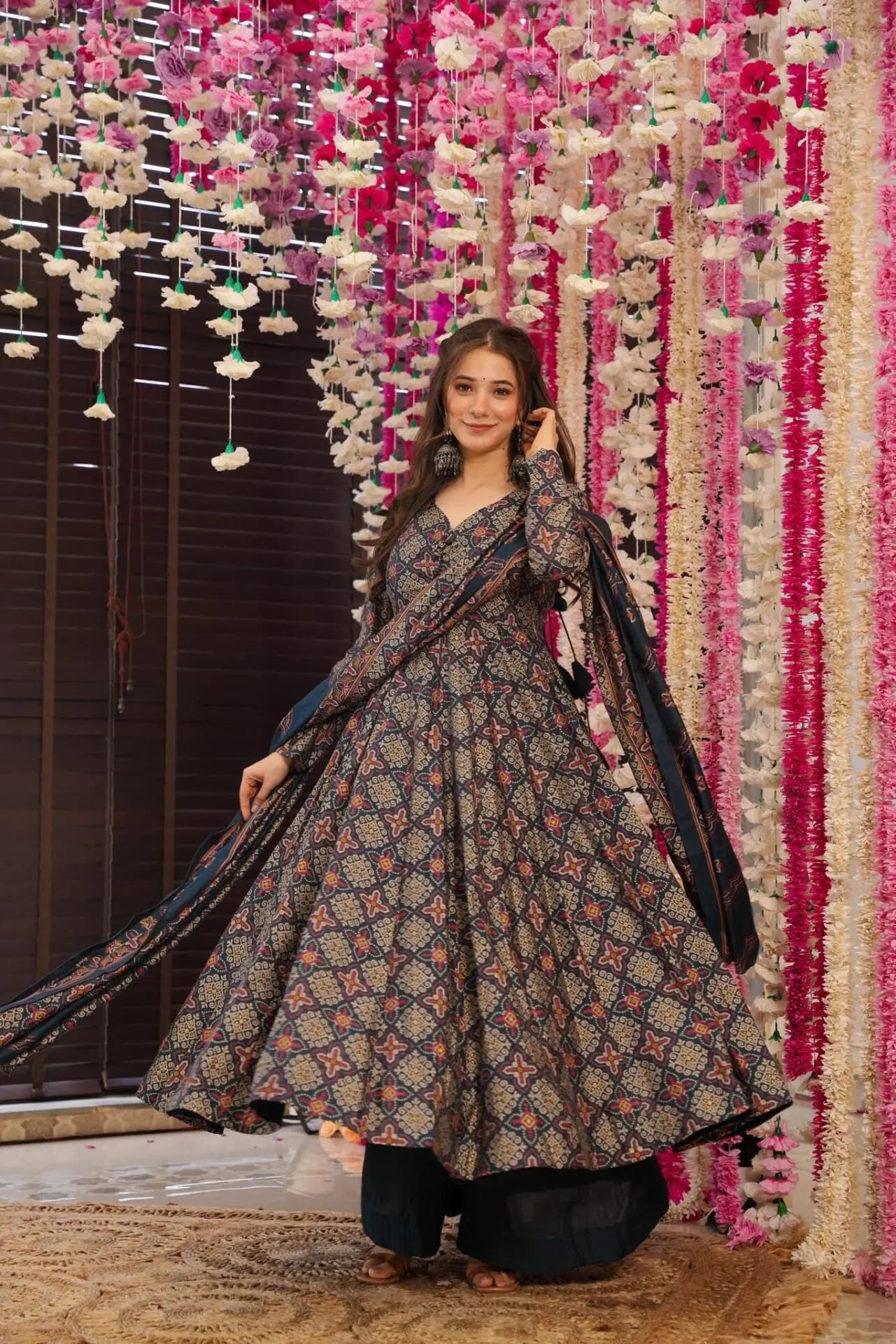 Blue & Red Cotton Printed Anarkali Suit Set