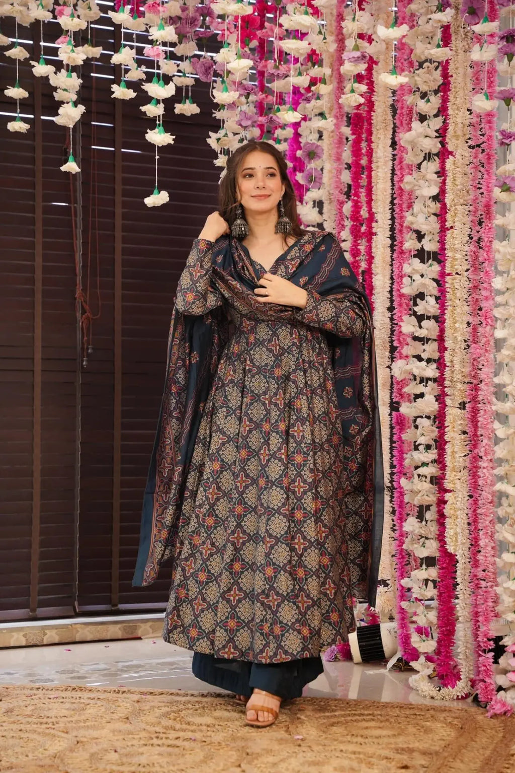 Blue & Red Cotton Printed Anarkali Suit Set