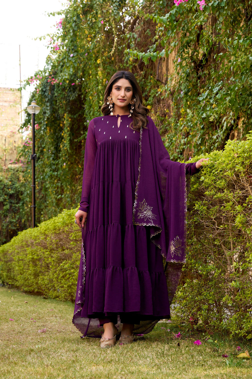 Purple Hand Embroidery Anarkali Suit Set with Dupatta