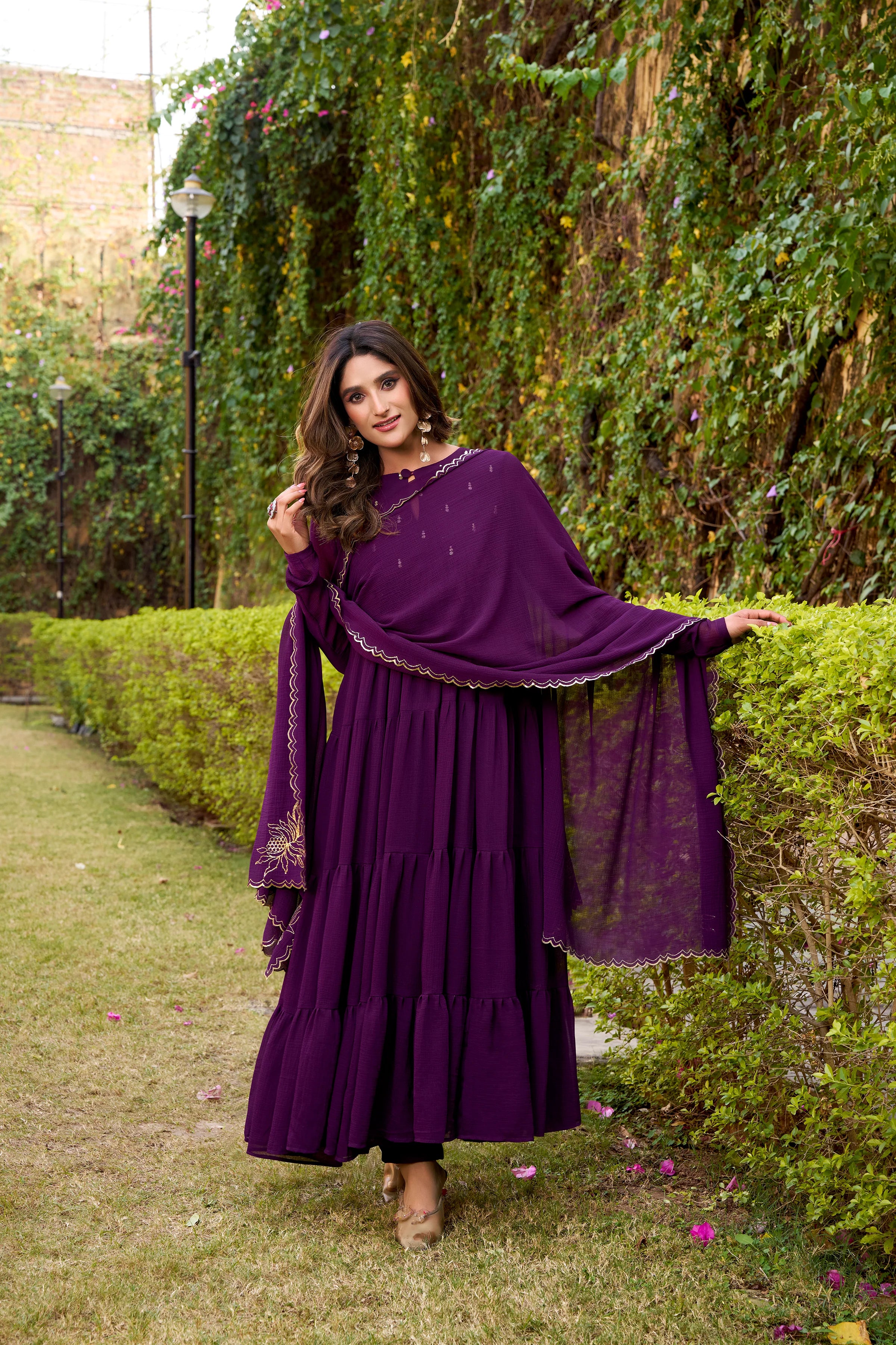Purple Hand Embroidery Anarkali Suit Set with Dupatta